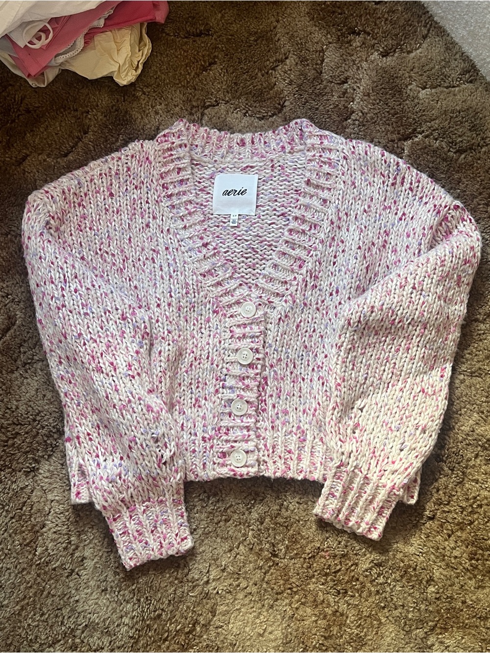 aerie Pink and White Speckled Button-Up V-Neck Cardigan